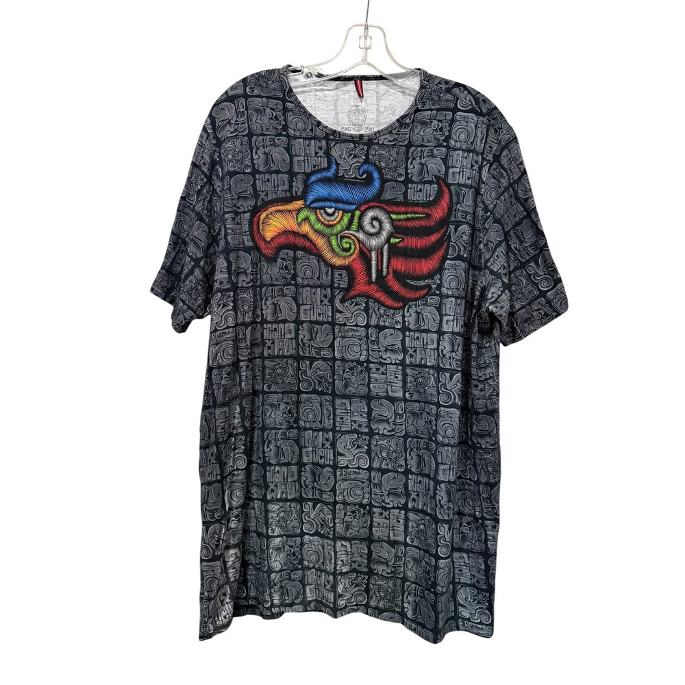 Ay Guey Mens Aztec Eagle Graphic T-Shirt Grey Black All Over Print 3XL